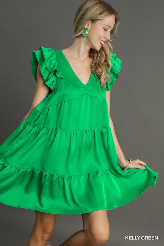 Short Ruffle Sleeve Satin Babydoll Tiered Mini Dress