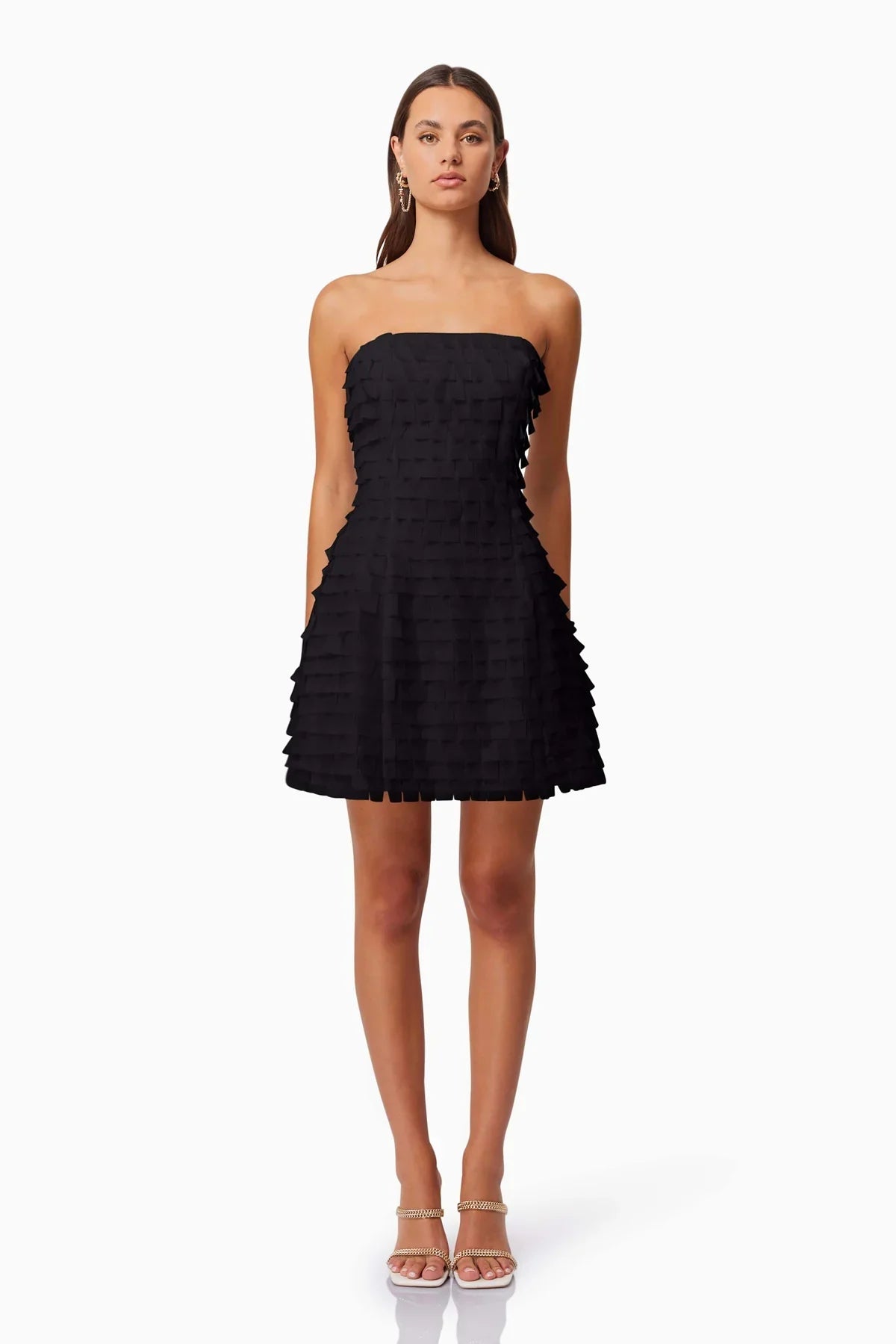 Strapless Fit and Flare Mini Dress with 3D Layered Crepe Fabric
