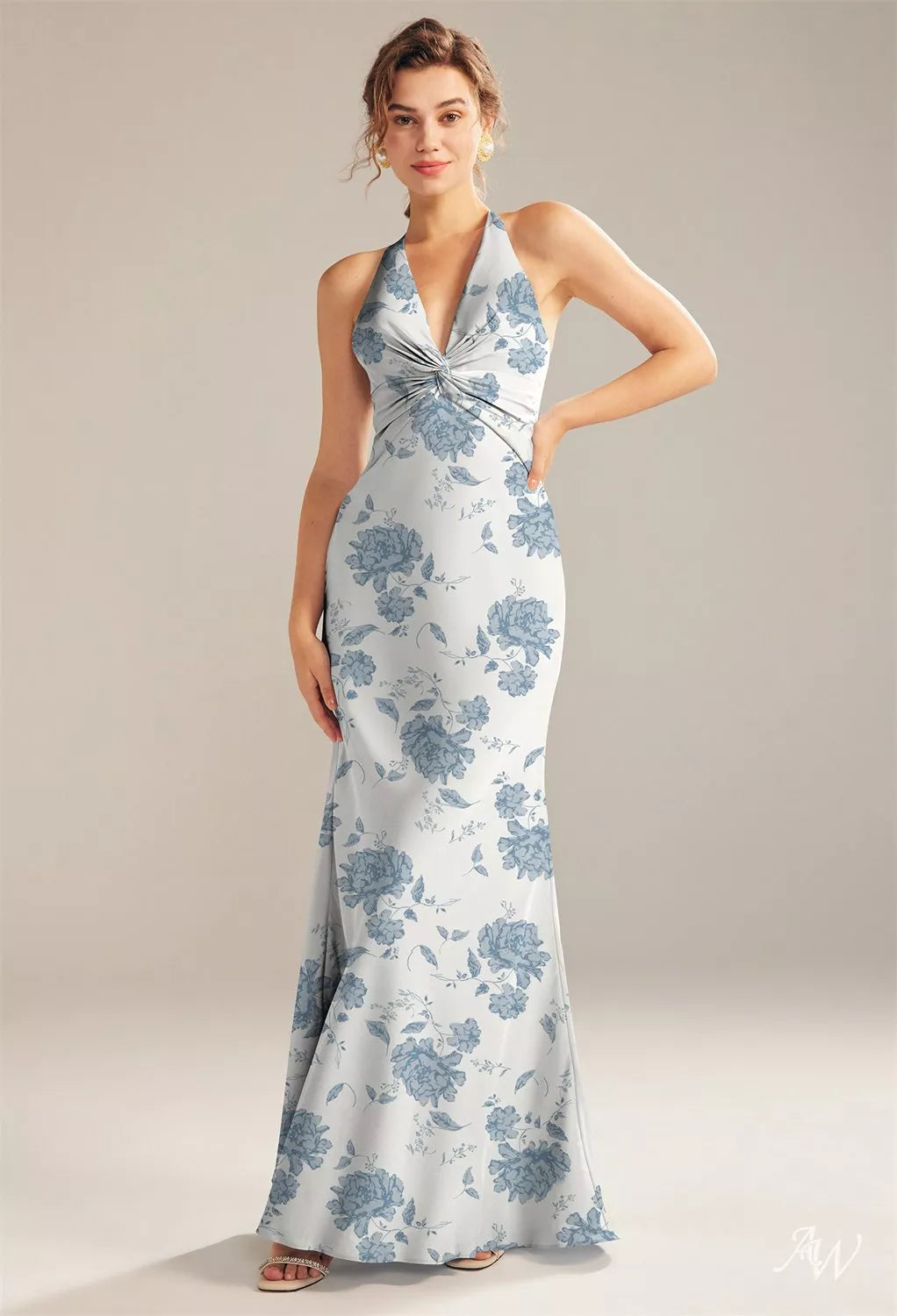 DUSTY BLUE PEONIE FLORAL SATIN CHARMEUSE LONG FORMAL DRESS