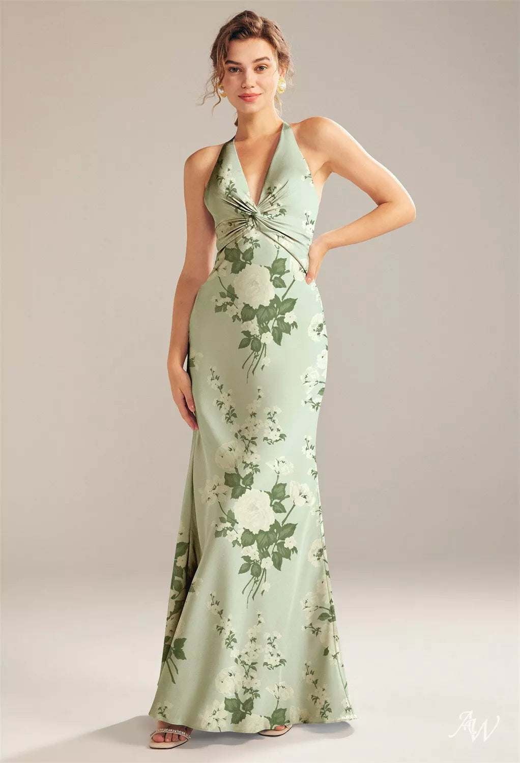 Satin Charmeuse Mottled Moss Green Maxi Dress
