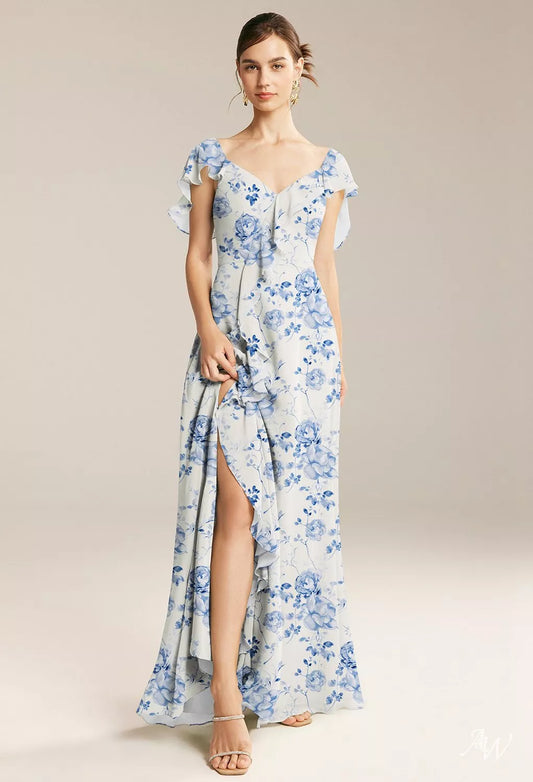 Blue Floral Chiffon Maxi Dress