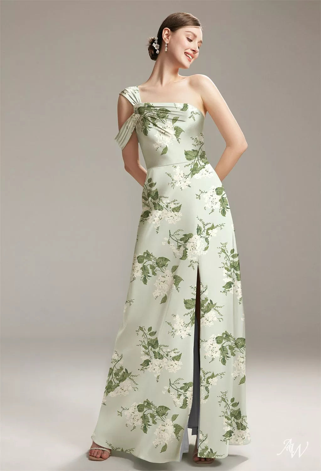 Green Floral Satin Charmeuse Maxi Dress