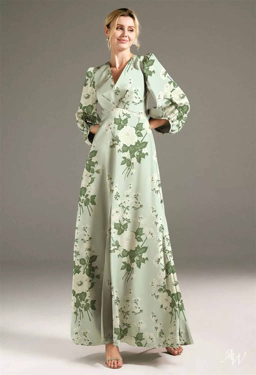 Green Floral Satin Charmeuse Maxi Dress