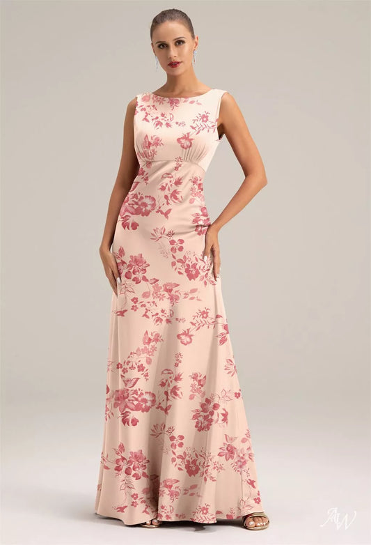 Cherry Pink Bloosom Floral Satin Charmeuse Maxi Dress