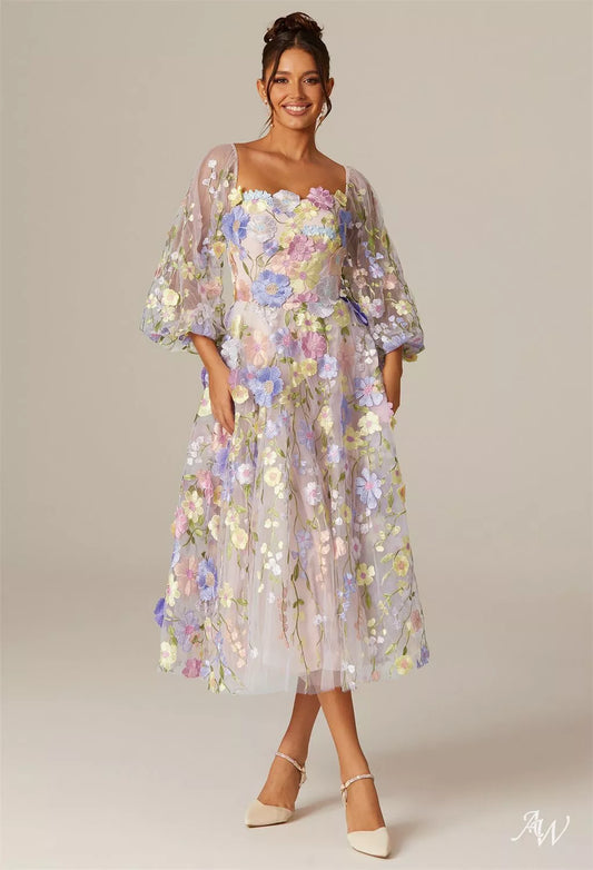 Short Puff Sleeve Floral Tulle A Line Midi Dress