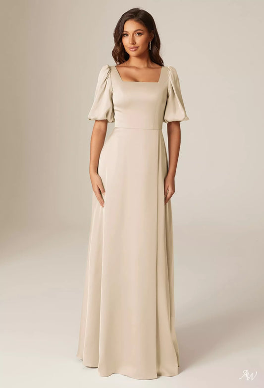 Champagne Short Puff Sleeve Square Neck Satin Charmeuse Maxi Dress