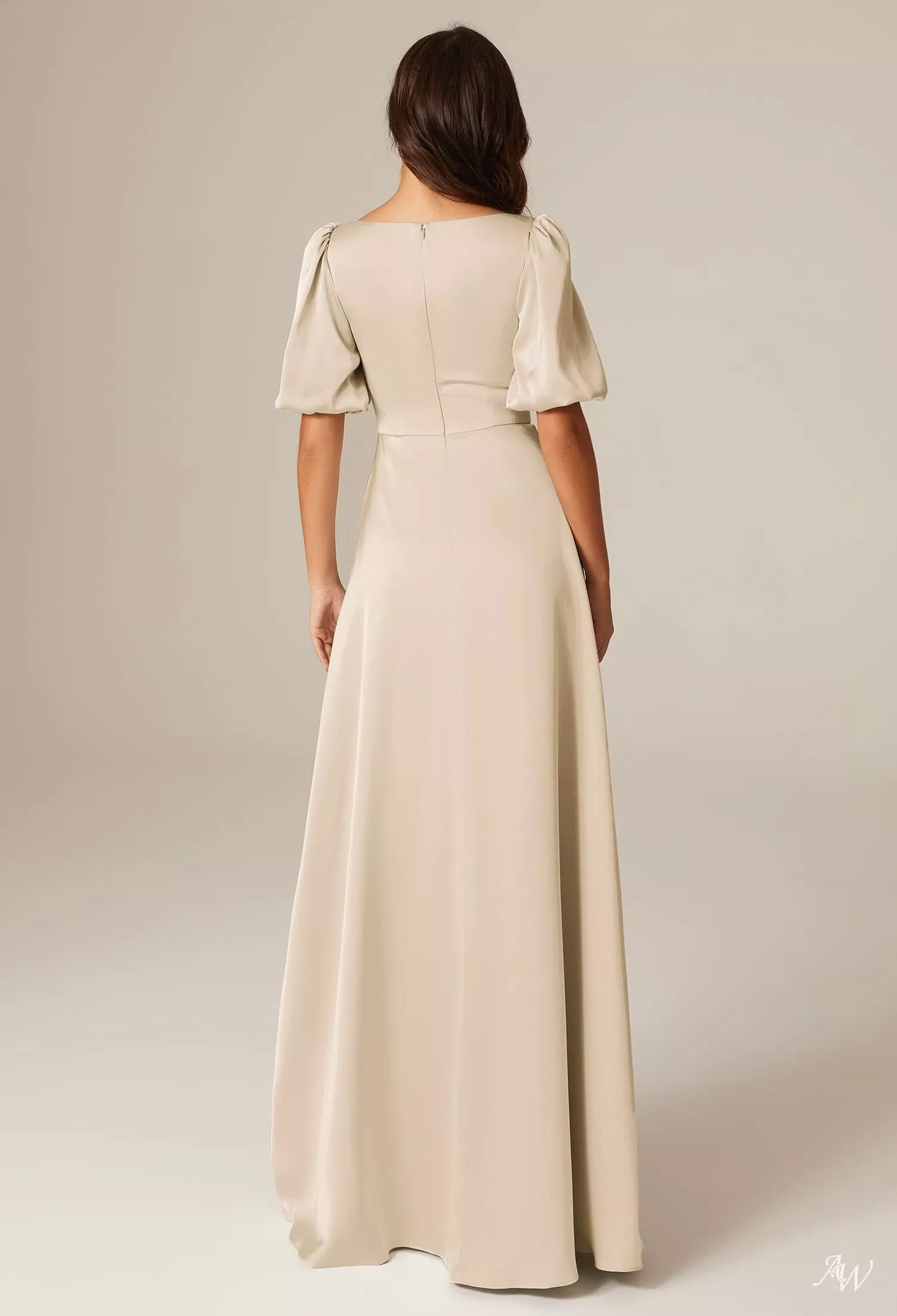 Champagne Short Puff Sleeve Square Neck Satin Charmeuse Maxi Dress