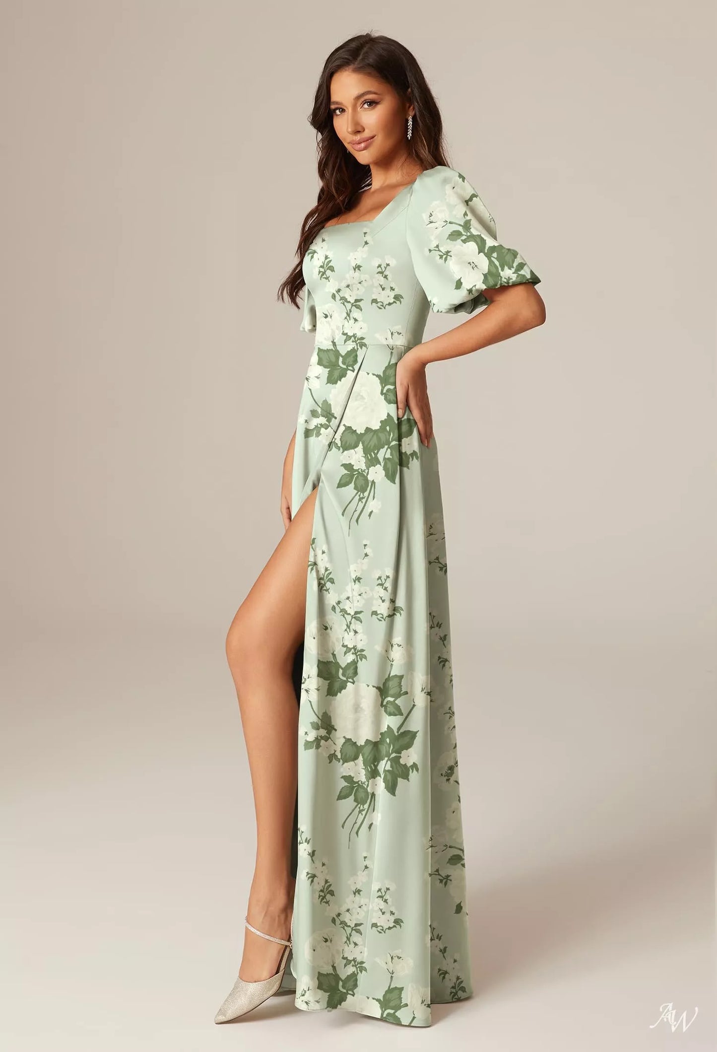 Green Floral Satin Charmeuse Maxi Dress