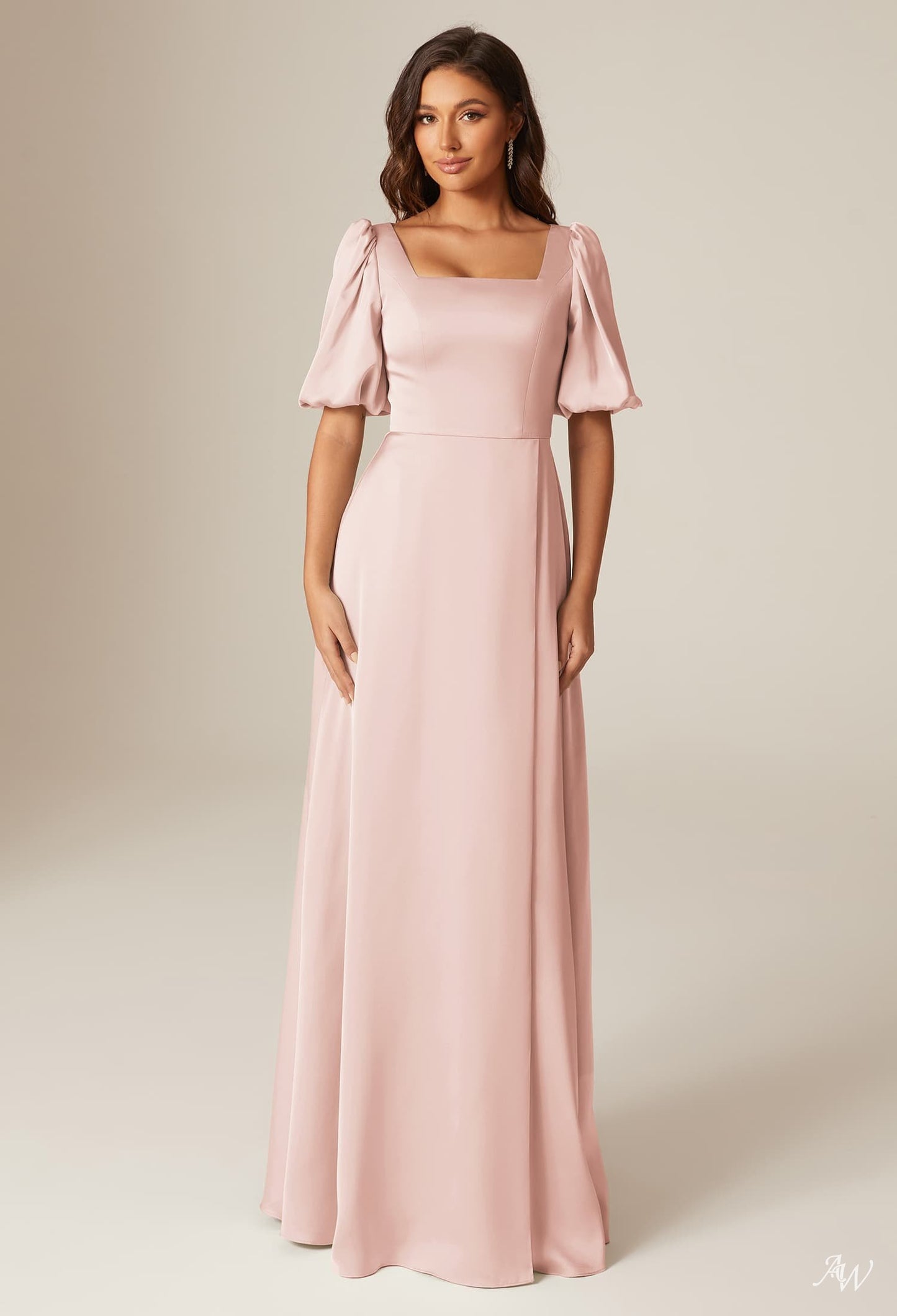 Short Puff Sleeve Square Neck Fit and Flare Long Formal Dress with Slit