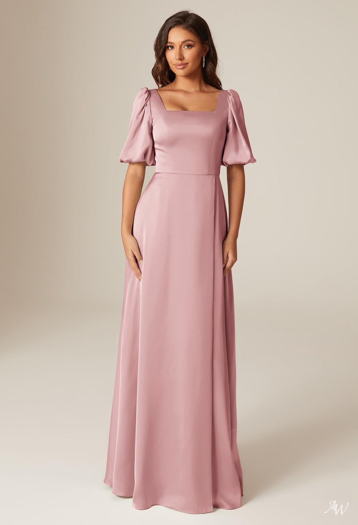 Short Puff Sleeve Square Neck Fit and Flare Long Formal Dress with Slit