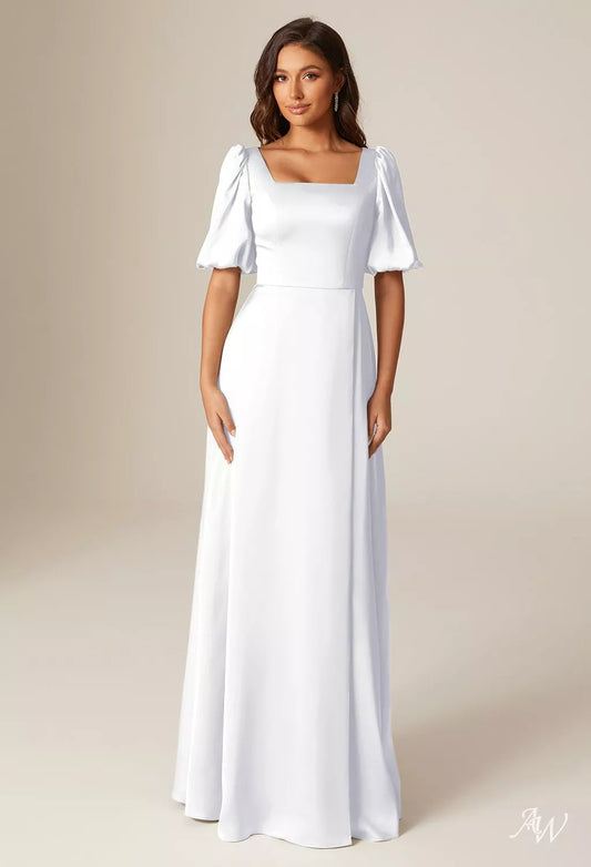 WHITE SATIN CHARMEUSE LONG FORMAL DRESS