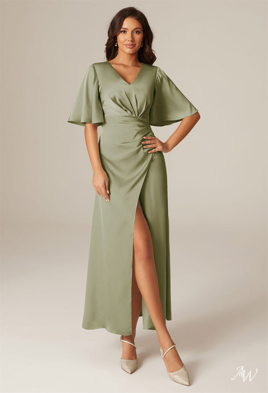 Short Flutter Sleeve V Neck Satin Charmeuse Long Formal Dress with Slit