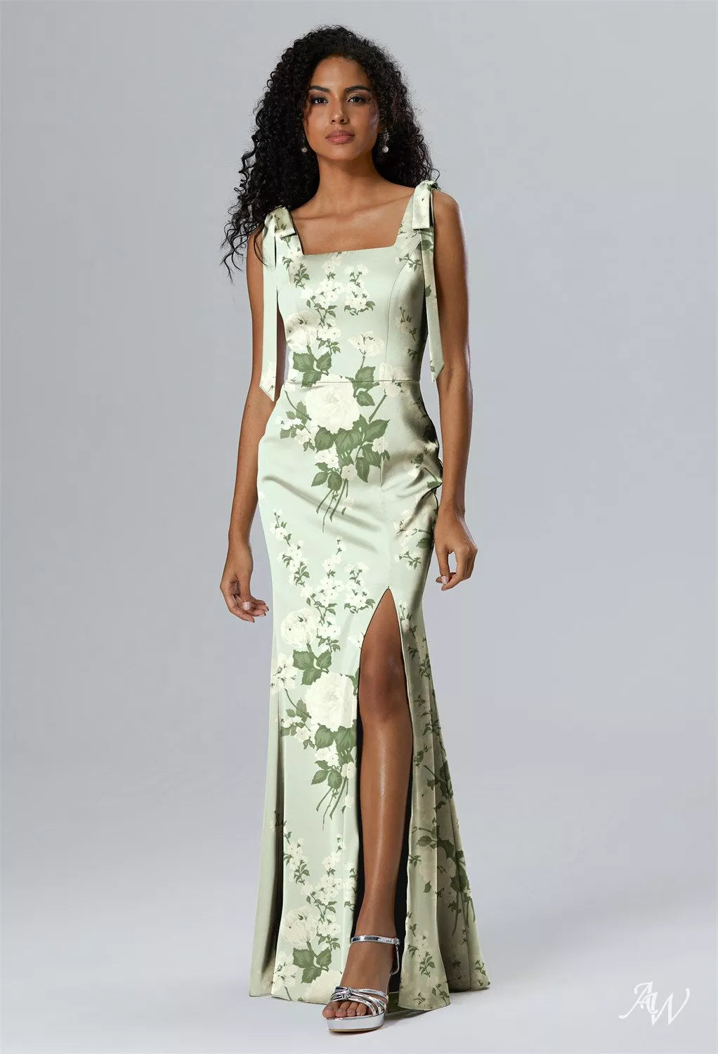 Green Floral Satin Charmeuse Maxi Dress