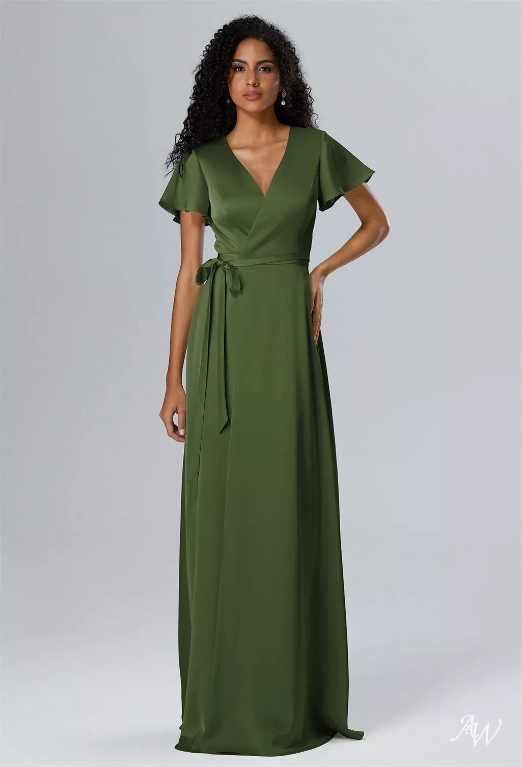 Olive Green Satin Charmeuse Long Formal Dress