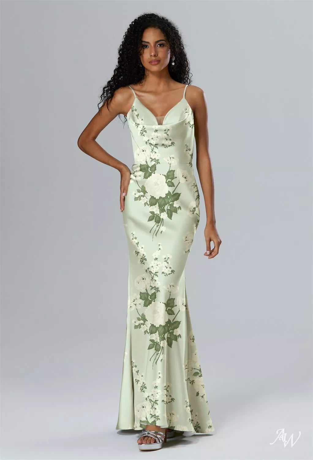 Green Floral Satin Charmeuse Maxi Dress
