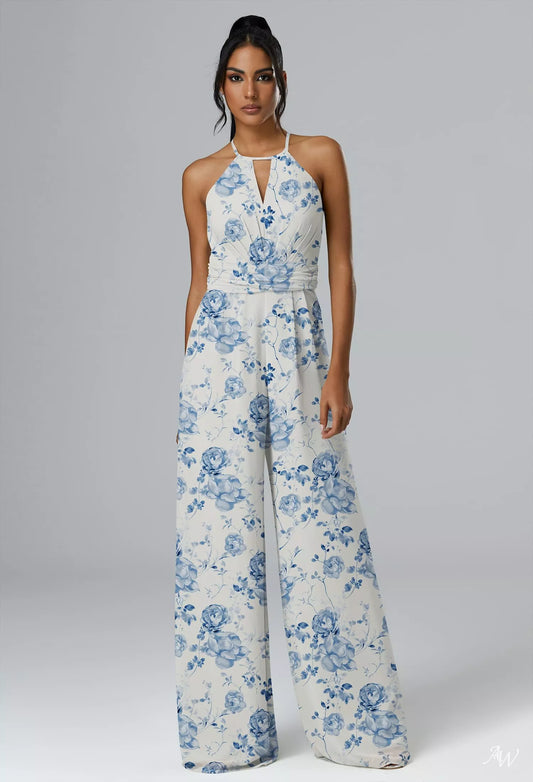 Blue Botanical Floral Chiffon Jumpsuit