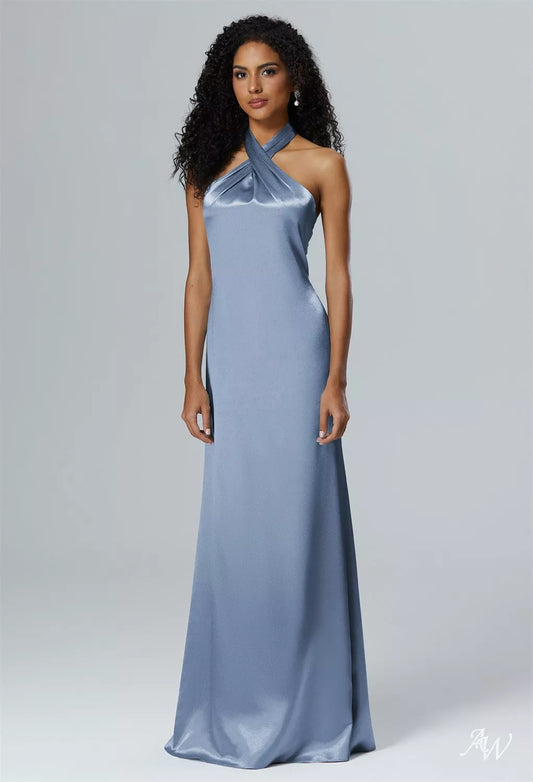 Dusty Blue Crystal Satin Maxi Dress