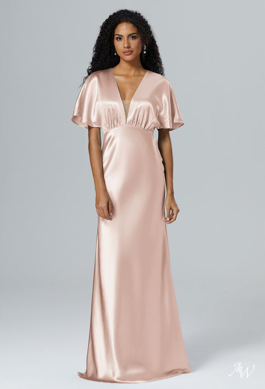 Short Flutter Sleeve Crystal Satin V Neck Long Formal Dress