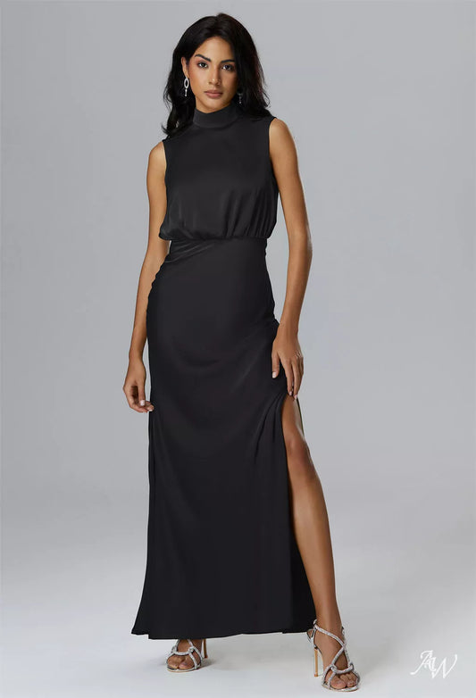 Black Metallic Satin Charmeuse Formal Maxi Dress