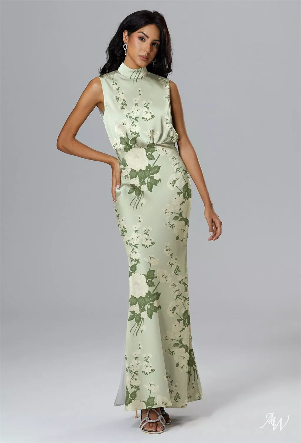Mottled Moss Green Floral Satin Charmeuse  Maxi Dress