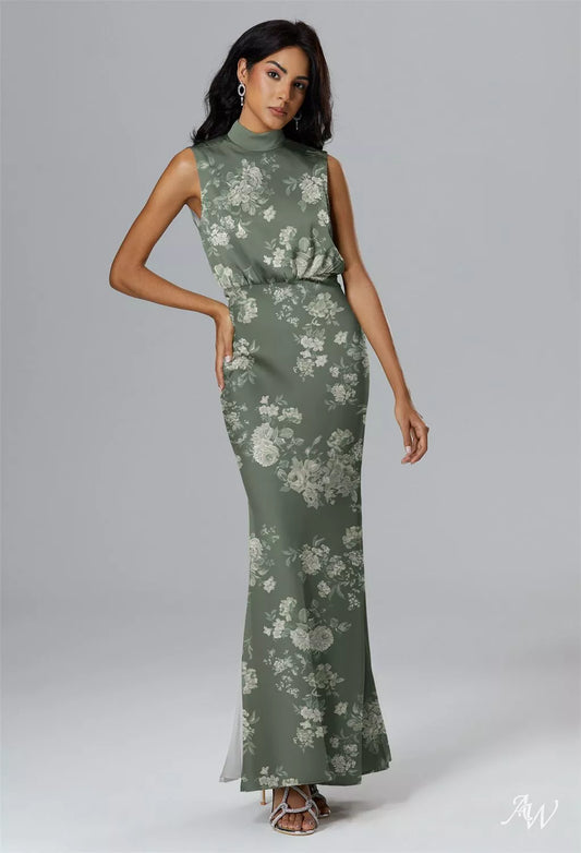 Olive Green Floral Satin Charmeuse Maxi Dress