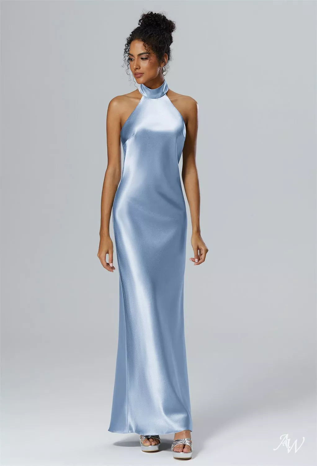 Baby Blue Crystal Satin Halter Long Maxi Dress with Side Slit