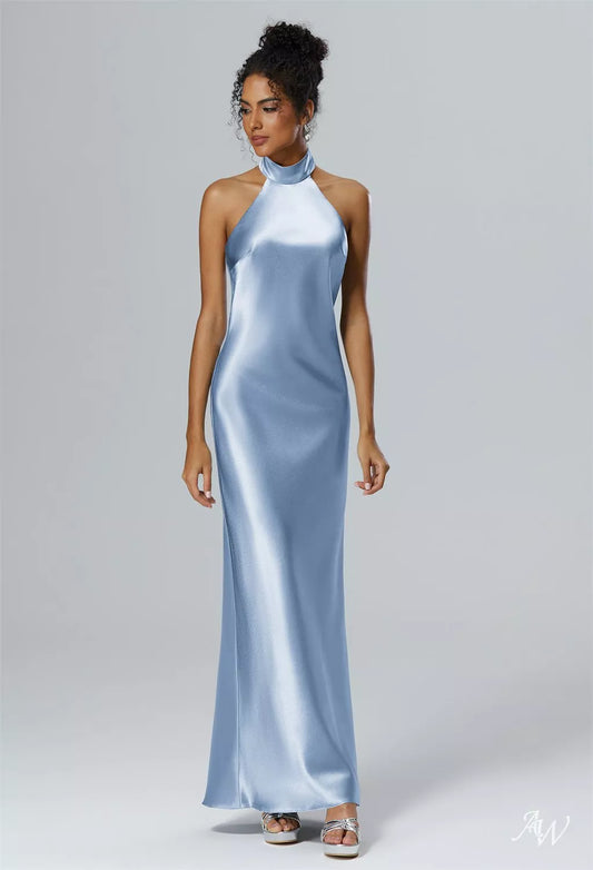 Baby Blue Crystal Satin Halter Long Maxi Dress with Side Slit
