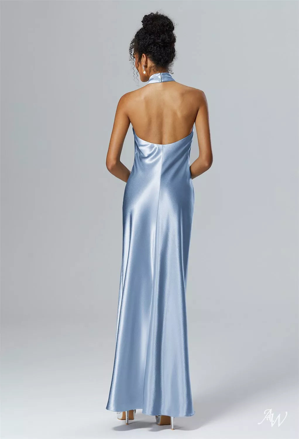 Baby Blue Crystal Satin Halter Long Maxi Dress with Side Slit