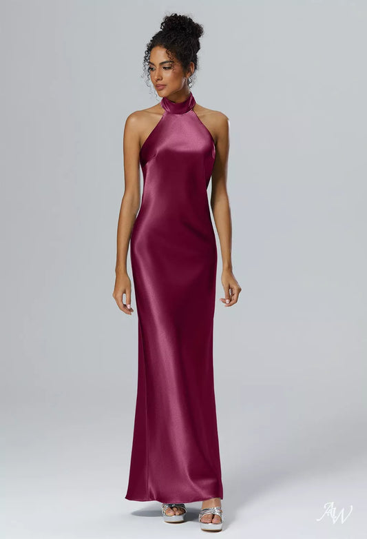 Burgundy Wine Halter Fitted Long Crystal Satin Maxi Dress