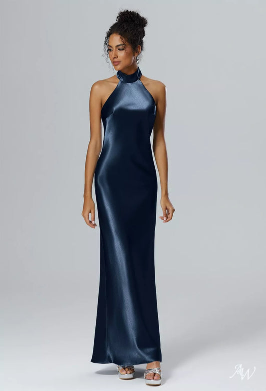 Dark Navy Halter Fitted Crystal Satin Maxi Dress