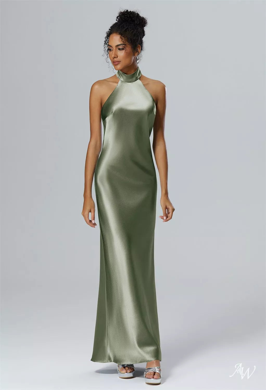 Fennel Seed Olive Satin Charmeuse Maxi Dress