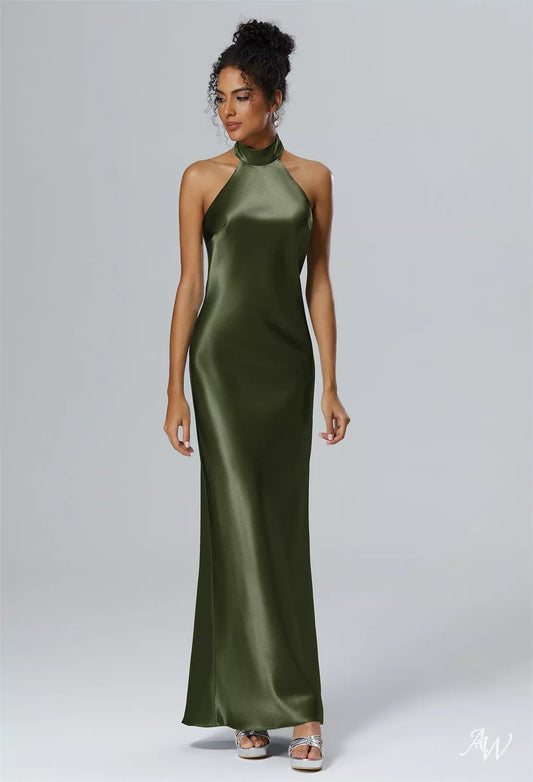 Olive Green Crystal Satin Maxi Dress