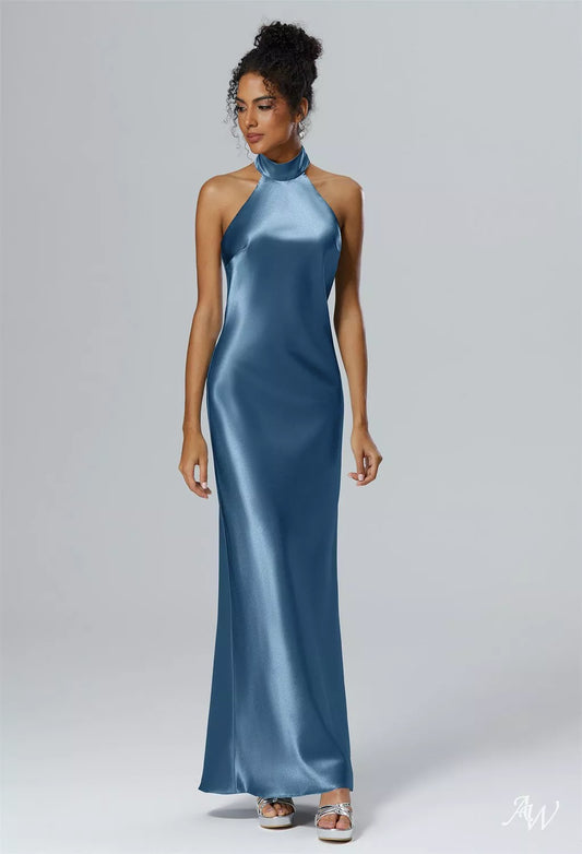Ink Blue Halter Fitted Long Crystal Satin Maxi Dress