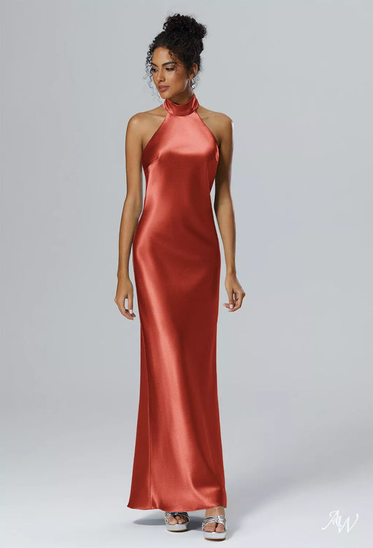 Tangerine Crystal Satin Long Formal Dress