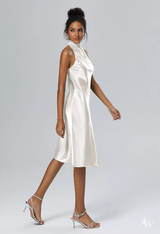 IVORY CHRYSTAL SATIN FORMAL MIDI DRESS