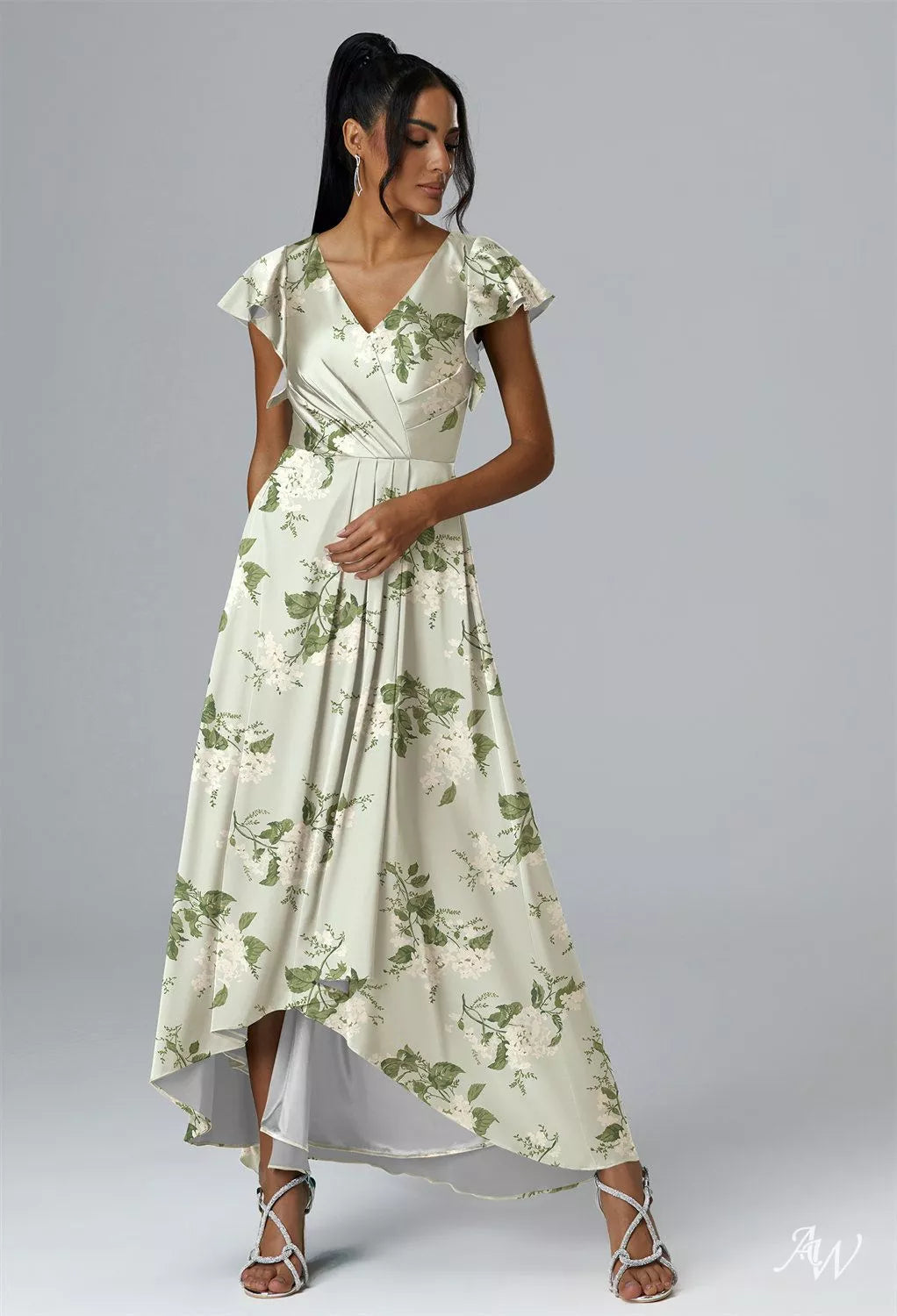 Green Floral Satin Charmeuse Maxi Dress