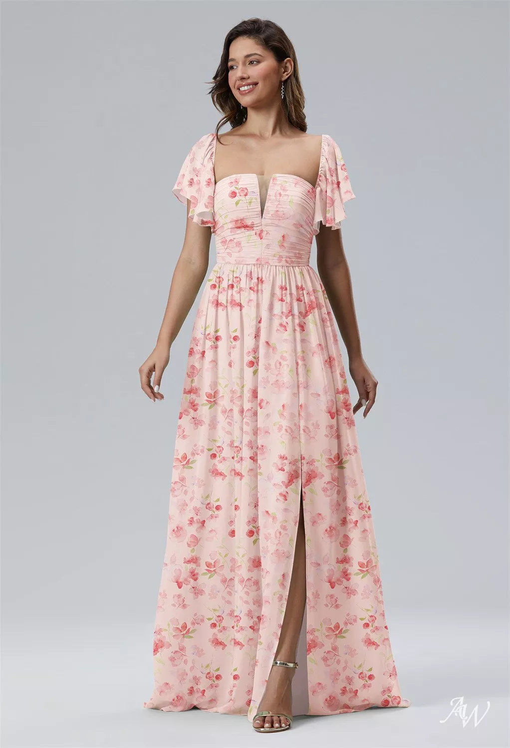 Peach Blossom Breeze Floral Chiffon Maxi Dress