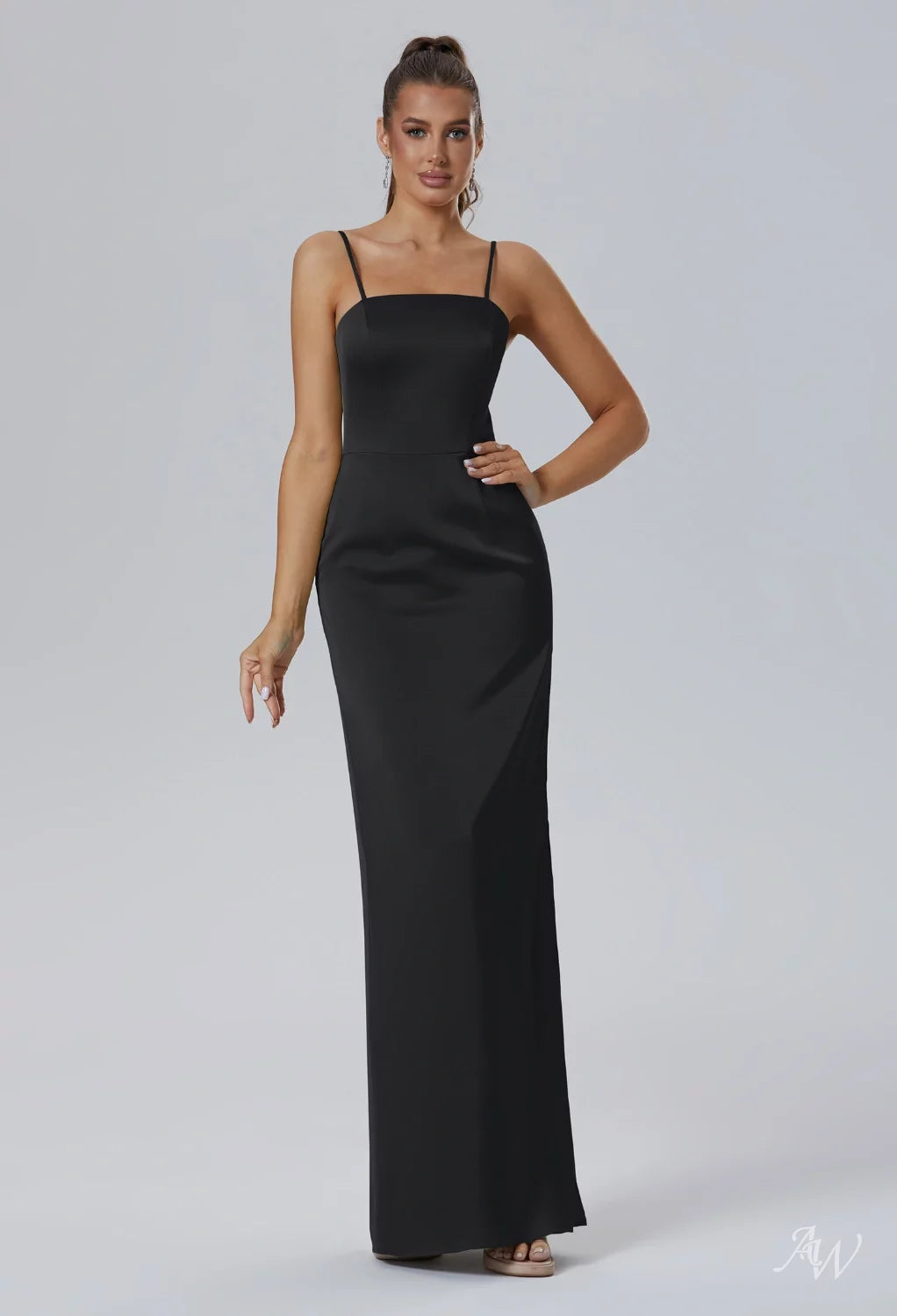 Black Metallic Satin Charmeuse Formal Maxi Dress
