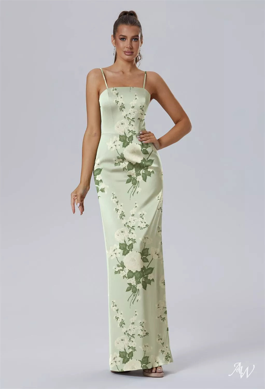 Green Floral Satin Charmeuse Maxi Dress