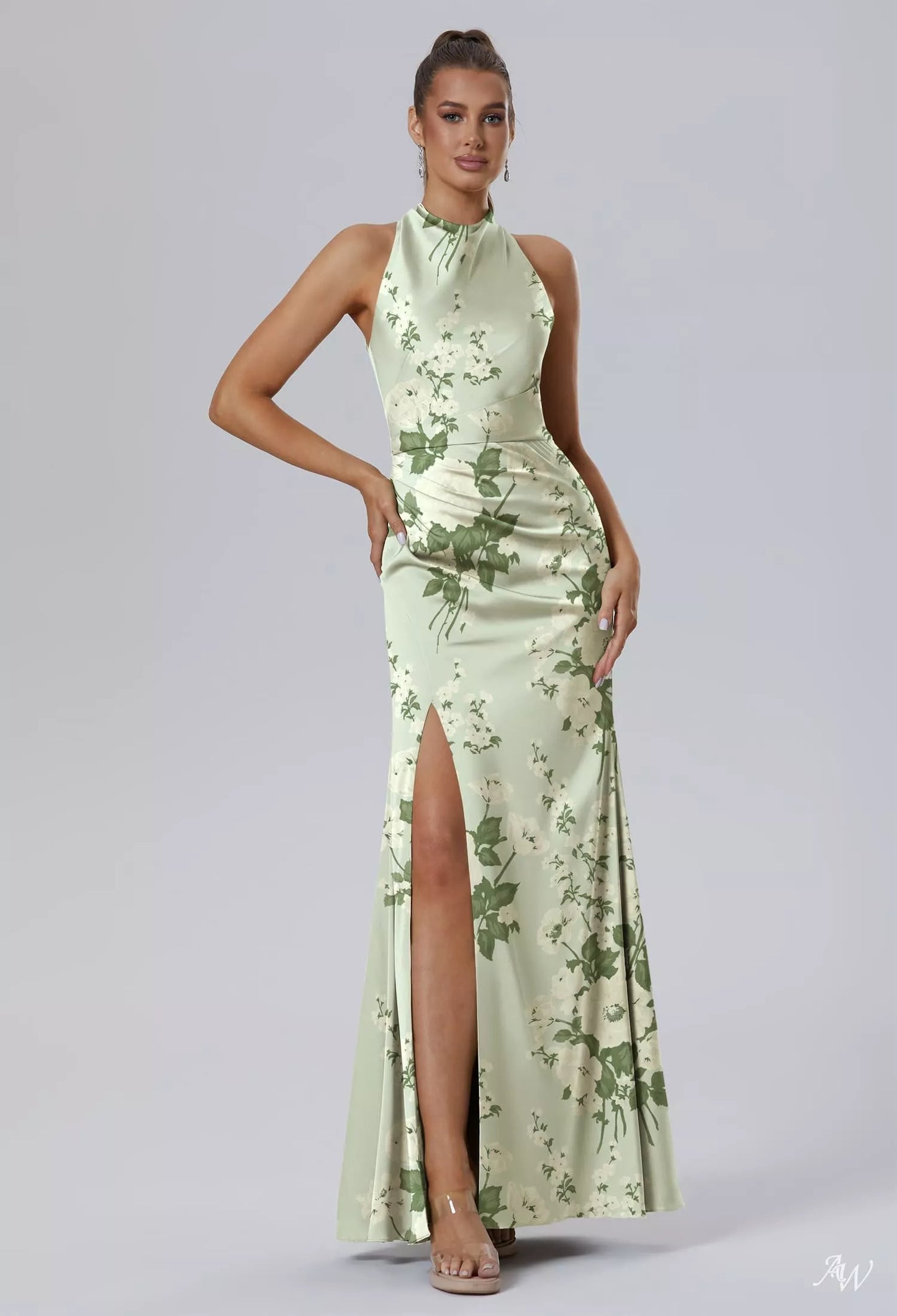 Green Floral Satin Charmeuse Maxi Dress