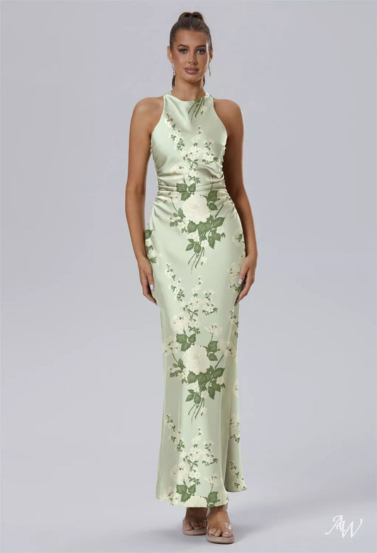Satin Charmeuse Mottled Moss Green Maxi Dress