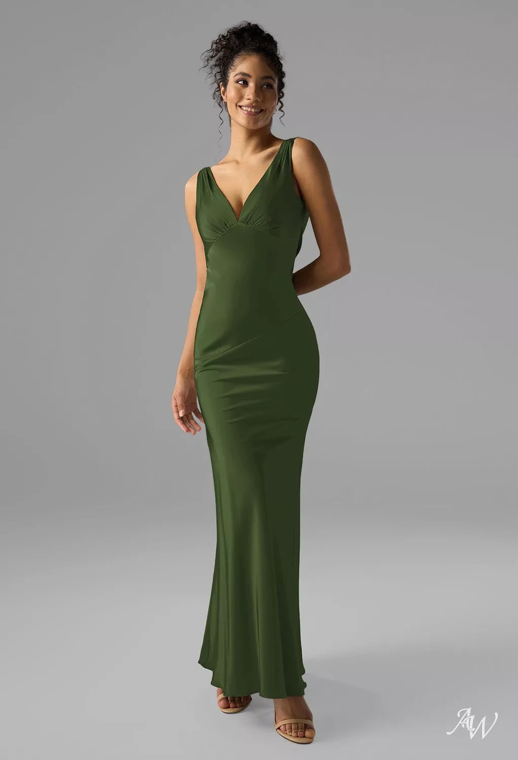 Olive Green Satin Charmeuse Long Formal Dress