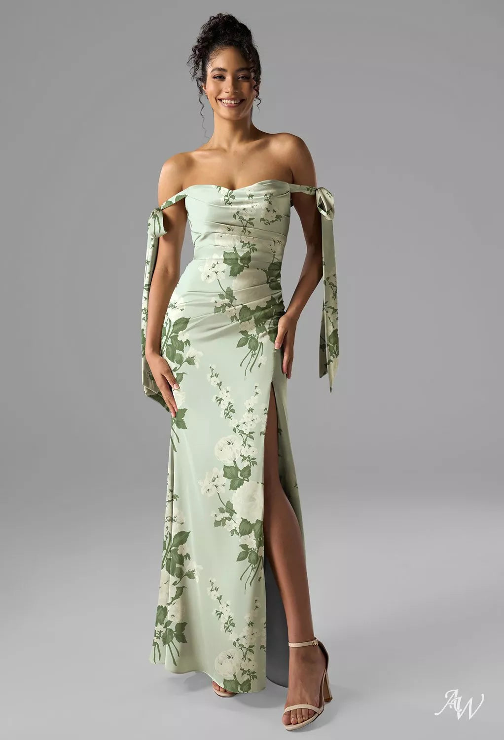 Green Floral Satin Charmeuse Maxi Dress