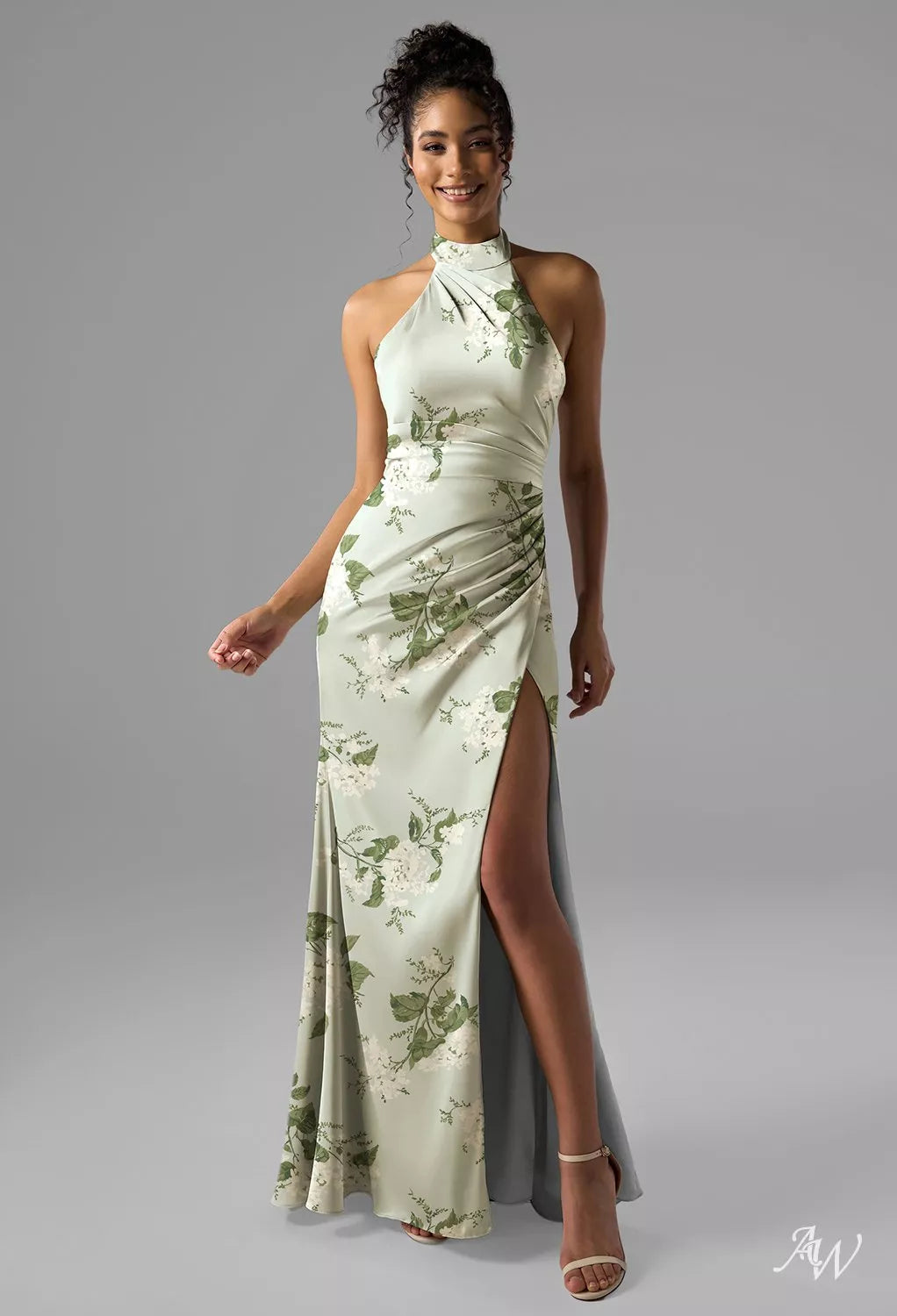Sage Garden Party Satin Charmeuse Long Formal Floral Dress