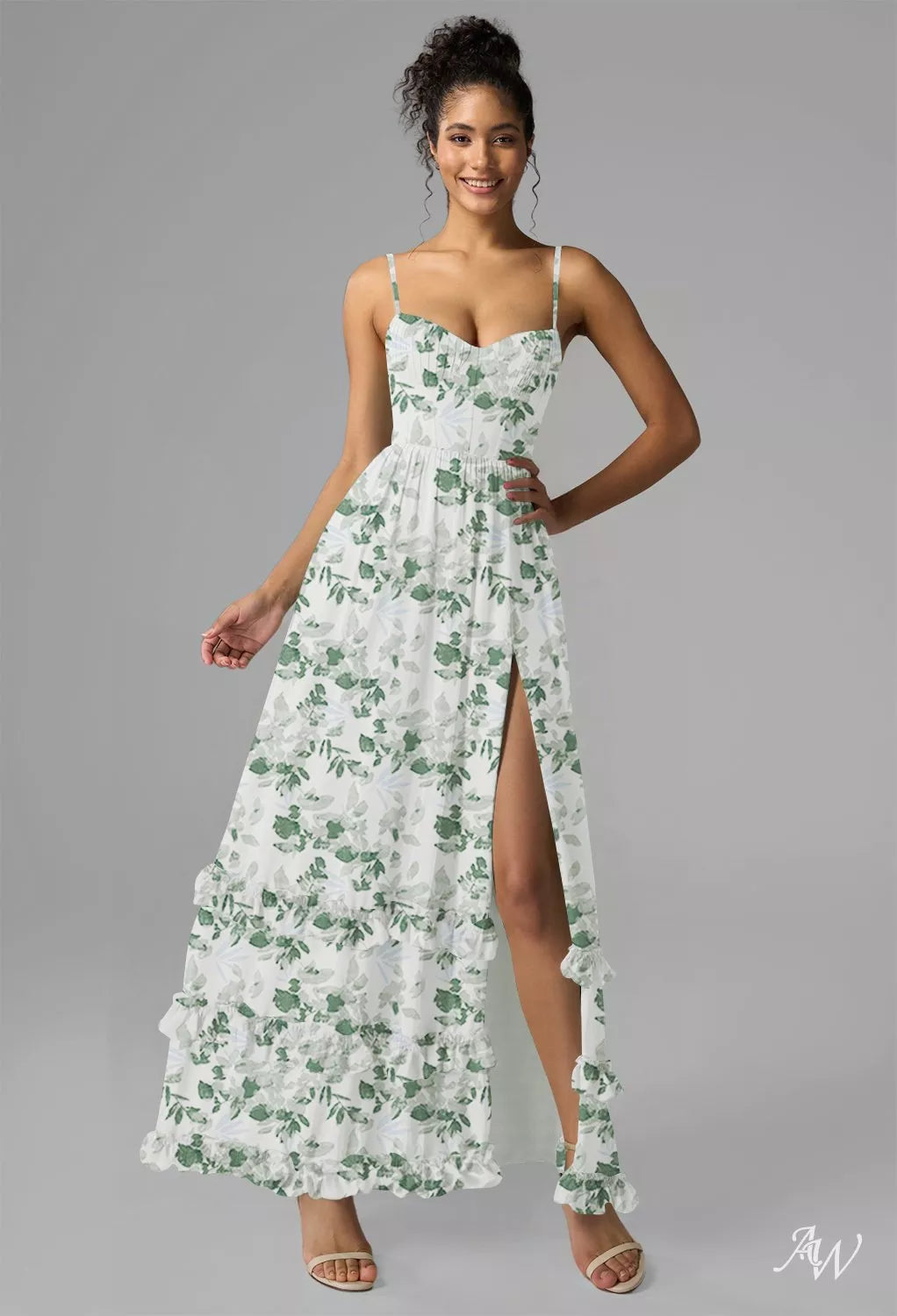 TEA GREEN CHIFFON FLORAL MAXI DRESS