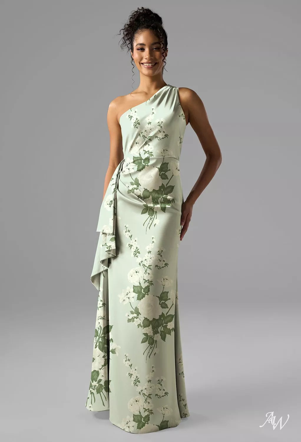 Green Floral Satin Charmeuse Maxi Dress