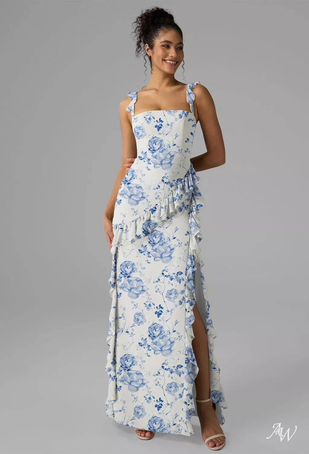 Blue Floral Chiffon Maxi Dress