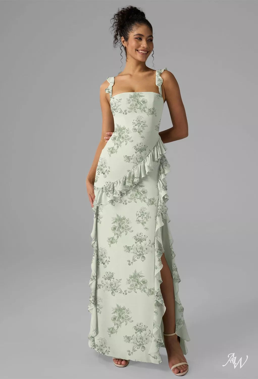 Green Floral Chiffon Maxi Dress