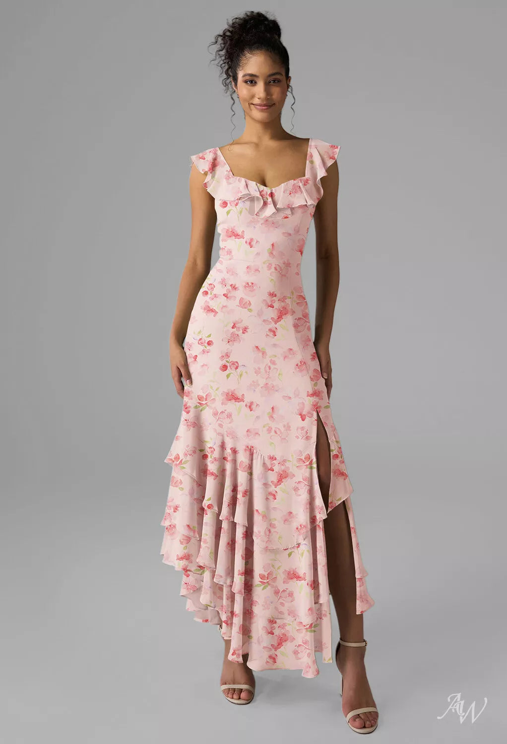 Peach Blossom Breeze Floral Chiffon Maxi Dress