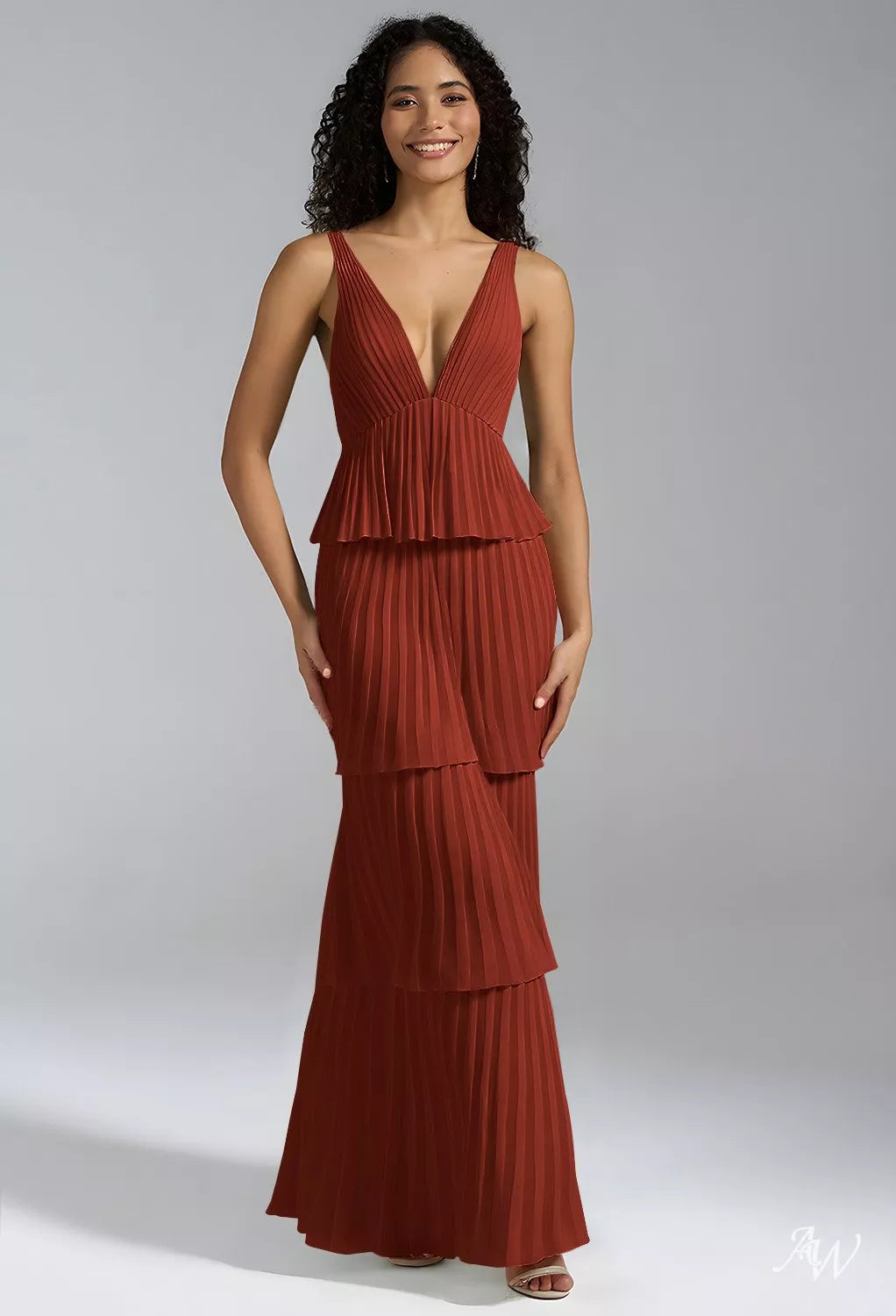 Rust Sleeveless Low V Neck Chiffon Tiered Long Formal Dress